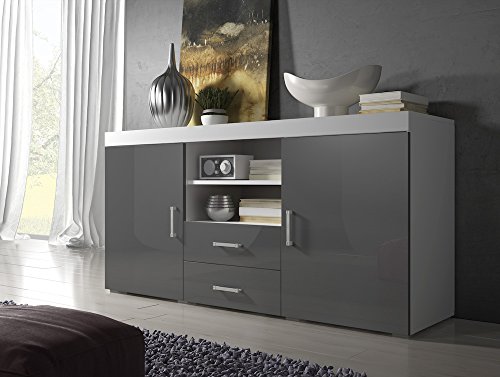 Sideboard Kommode Mambo 164 cm 2 Türen 2 Schubladen Körper Weiß Matte / Front Grau Hochglanz