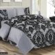 Super Luxus Damast Flock 4 komplett Betten Set – 2 Kissen/Querbehang Tabelle/Quilt Cover – Silber Grau Schwarz