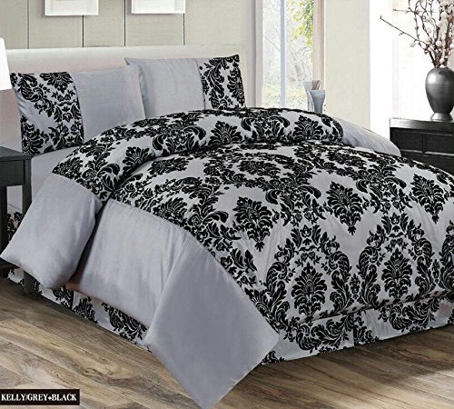 Super Luxus Damast Flock 4 komplett Betten Set – 2 Kissen/Querbehang Tabelle/Quilt Cover – Silber Grau Schwarz