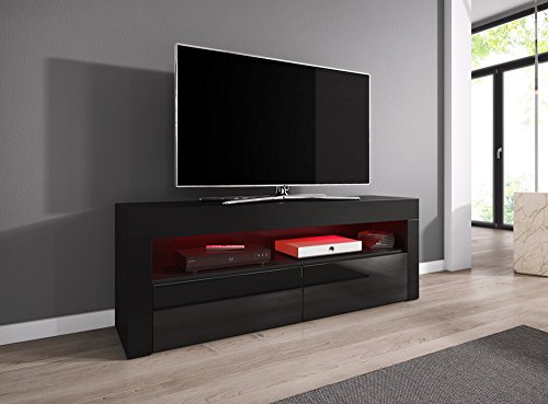 TV-Element TV Schrank TV-Ständer Entertainment Lowboard LUNA 140 cm, Körper Schwarz matt /Fronten Schwarz hochglanz mit RGB LED