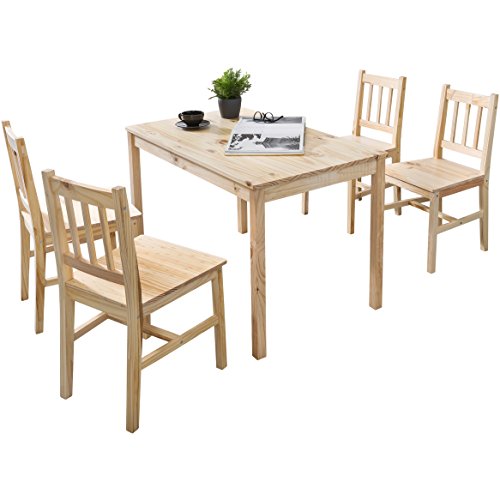 WOHNLING Esszimmer-Set EMIL 5 teilig Kiefer-Holz Landhaus-Stil 108 x 73 x 65 cm | Natur Essgruppe 1 Tisch 4 Stühle | Tischgruppe Esstischset 4 Personen | Esszimmergarnitur massiv…