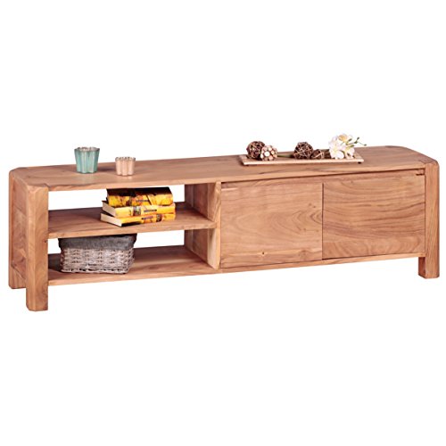 WOHNLING Lowboard Massivholz Kommode 140 cm TV-Board Ablage-Fächer Landhaus-Stil dunkel-braun Unterschrank TV-Möbel Echt-Holz 40 cm hoch Sideboard Deko Fernsehschrank offen Natur-Produkt