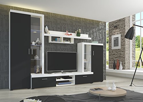 Wohnwand NINA Anbauwand Schrank Möbel Wohnzimmer modernes Design Matt Weiß Schwarz