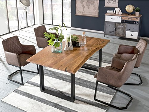 Woodkings Tischgruppe Clinton, Esstisch 170x90 mit 4 Schwingstühlen, Holztisch mit Baumkante, Esszimmerstuhl Kunstleder braun, Metall schwarz, Esszimmer Möbel