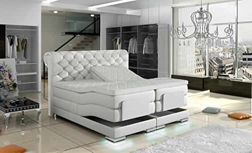 XXL MANCHESTER Boxspringbett mit Elektrischer Liegefunktion Designer Boxspring Bett Chesterfield LED WEISS CHESTERFIELD DESIGN Weiss Kunstleder Größe 180_x_200_cm