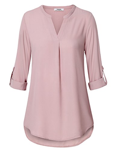 Youtalia Damen Freizeit Chiffon V-Ausschnitt Manschetten-Ärmel Locker Shirt Bluse Oberteile