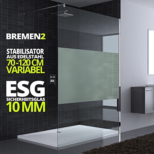 130x200cm Duschwand Echtglas Bremen2MS Stabilisator 10mm ESG Sicherheitsglas Milchglas-Streifen inkl Nanobeschichtung