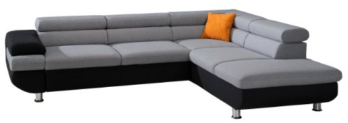 Cavadore Ecksofa Caponelle mit Ottomanen rechts / Moderne zweifarbige Couch inkl. Kopfstützen / 267 x 72 x 226 cm (BxHxT) / Strukturstoff schwarz - hellgrau