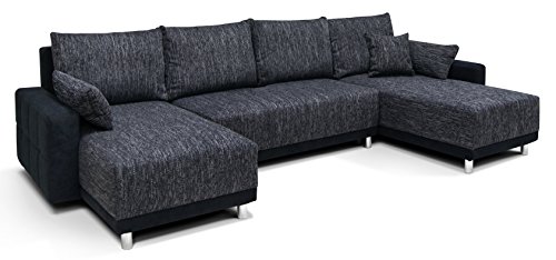 B-famous 150328 Perugia Wohnlandschaft in U-Form Ecksofa, Materialmix Microvelour mit Strukturstoff, 158 x 302 x 68 cm, schwarz / weiß