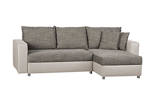 CAVADORE Polstergarnitur mit Schlaffunktion und Bettkasten/Recamiere rechts oder links montierbar/Ecksofa in L-Form/Strukturstoff und Kunstleder in Grau/233 x 146 x 69 cm (B x T x H)