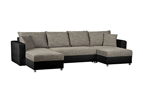 Schlafcouch mit Bettkasten / Recamiere rechts oder links montierbar / Strukturstoff und Kunstleder / Ecksofa in Grau-Schwarz / 309 x 163 x 69 cm (B x T x H)