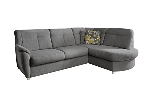 Cavadore Ecksofa Sunuma mit Ottomanen rechts / Moderne Eckcouch mit Schlaffunktion und Bettkasten grau / Größe: 246 x 91 x 176 cm (BxHxT) / Strukturstoff in grau