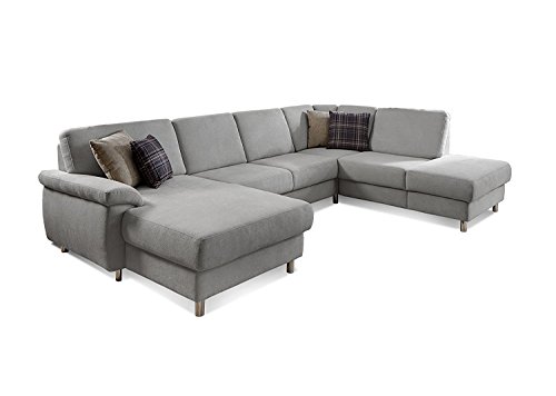 Wohnlandschaft Winstono mit Federkern und Longchair links / Sofa U-Form grau mit ausziehbarem Bett und großer Liegefläche / Größe: 317x88x220 (BxHxT) / Farbe: Hellgrau