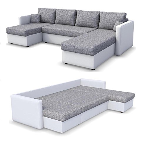 Wohnlandschaft KING SIZE 290 x 140 cm Weiß Grau - Sofa mit Schlaffunktion Schlafsofa Couch Bettfunktion Polsterecke