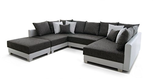 B-famous 150281 Antiebes Wohnlandschaft in U-Form Ecksofa, Materialmix, 169 x 312 x 90 cm, PU Kunstleder weiß mit Strukturstoff grau