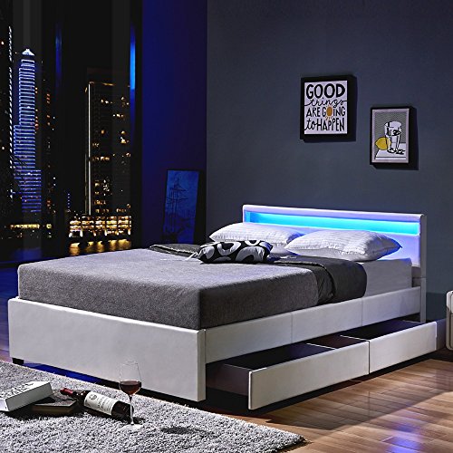 Home Deluxe | LED Bett | Nube | Weiß | inkl. Schublade | Verschiedene Größen | 140 x 200 cm