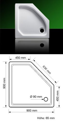 Acryl Duschwanne Duschtasse Fünfeck 90 x 90 mit Träger und Ablauf