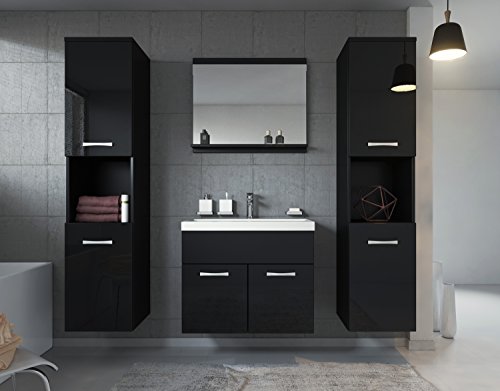 Badezimmer Badmöbel Montreal XL 60 cm Waschbecken Schwarz Hochglanz Fronten - Unterschrank Hochschrank Waschtisch Möbel