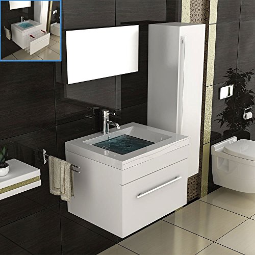 Badmöbel Set für das Badezimmer in 60x45 cm Weiß Hochglanz, Mineralguss Waschbecken und Unterschrank