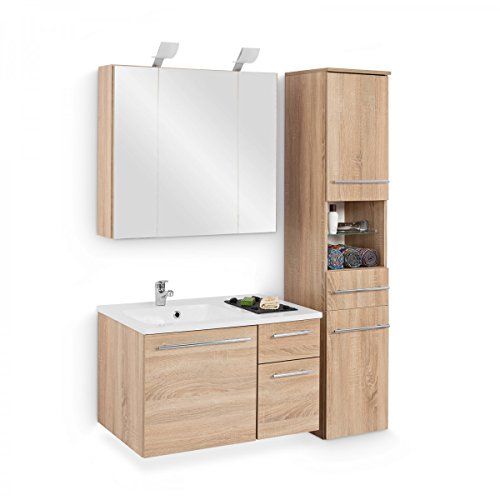 Badmöbel-Set mit Waschbecken Unterschrank Hochschrank Spiegelschrank Beleuchtung Waschtisch 80 cm Badezimmer Komplettbad Eiche Sägerau