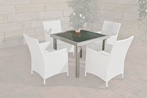 CLP Poly-Rattan Garten-Tisch RIO, 90 x 90 cm, Esstisch Höhe 75 cm, ALU-Gestell, Glasplatte 5 mm Sicherheitsglas, Platz für 4 Personen Weiß