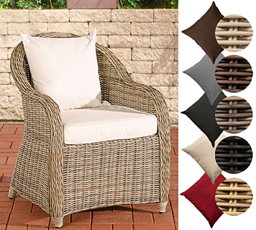 CLP Poly-Rattan Sessel FARSUND, 5mm Rund-Geflecht, ALU Gestell, 100% rostfrei, mit GRATIS Sitz- und Rückenkissen Rattan Farbe natura, Bezugfarbe: Cremeweiß