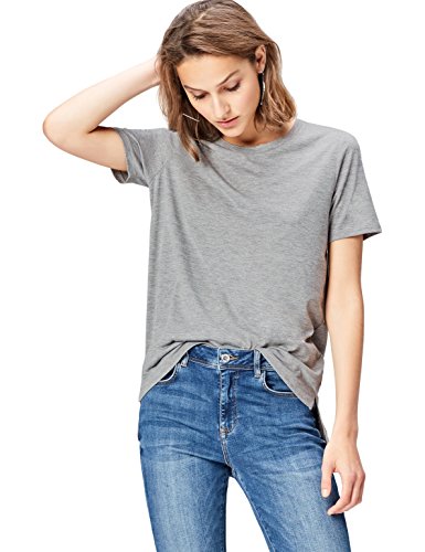 FIND T-Shirt Damen mit verkürzter Front, Rundem Halsausschnitt und Lockerer Passform, Grau (Grey Marl), 38 (Herstellergröße: Medium)