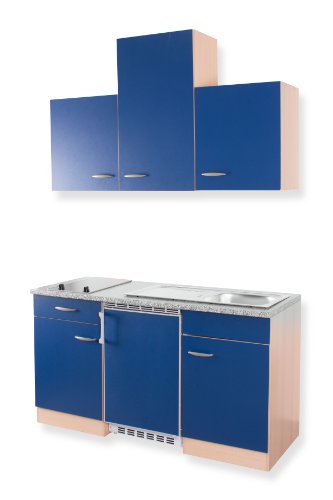 MEBASA MEBAKB15PBC Singleküche Unterbaukühlschrank dekorfähig, Oberschrank und Duo-Kochplatte, 150 cm Buche/Blau