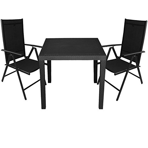 Multistore 2002 3tlg. Gartengarnitur Aluminium 7-Positionen Hochlehner 2x2 Textilenbespannung Vollkunststoff Gartentisch Rattan Look Sitzgruppe 79x79cm Terrassenmöbel Schwarz