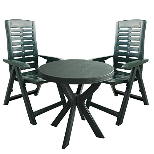 Multistore 2002 3tlg. Gartenmöbel Balkonmöbel Campingmöbel Set Sitzgarnitur Sitgruppe Gartengarnitur Vollkunststoff Bistrotisch Ø70cm Hochlehner Klappstuhl mit 5-fach verstellbarer Rückenlehne Grün