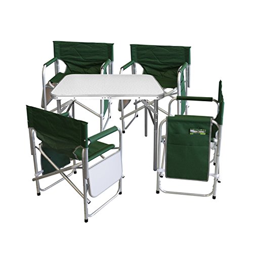 Multistore 2002 5tlg. Campingmöbel Set Gartengarnitur Campingtisch Alu Klapptisch 75x55x60cm + 4x Alu Campingstühle Klappstuhl Anglerstuhl mit Ablage und Organizer Grün