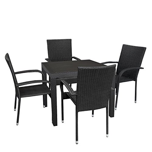 Multistore 2002 5tlg Gartengarnitur Bistrogarnitur Gartentisch Vollkunststoff 79x79cm Poly Rattansessel Stapelstuhl Rattanstuhl Sitzgarnitur Gartenmöbel Schwarz