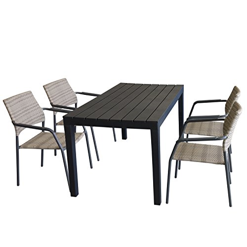 Multistore 2002 5tlg Gartengarnitur Tisch, 138x78cm, Kunststoff, Anthrazit + 4x Rattanstuhl, stapelbar, Polyrattan-Bespannung Natur, Gestell Grau