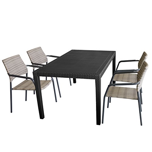 Multistore 2002 5tlg Gartengarnitur Tisch, 150x90cm, Kunststoff, Anthrazit + 4x Rattanstuhl, stapelbar, Polyrattan-Bespannung Natur, Gestell Grau