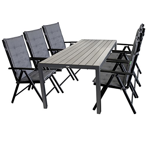 Multistore 2002 Gartengarnitur Gartenmöbel Terrassenmöbel Set Sitzgarnitur Sitzgruppe Polywood 205x90cm grau + 6x Hochlehner, 2x2 Textilenbespannung, Lehne 7-fach verstellbar + 6x Stuhlauflage