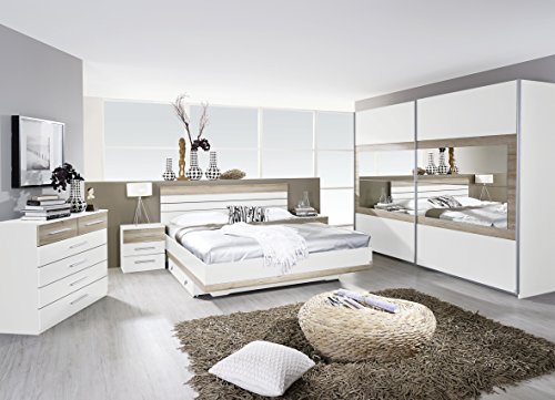 Rauch Schlafzimmer Komplettangebot Schwebetürenschrank 181 cm/Bett 160 x 200 cm/2 x Nachtkonsole Alpinweiß-Eiche Sanremo