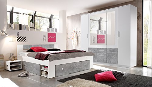 Schlafzimmer Komplett Set 4-tlg. STEFAN Bett 180 Kleiderschrank 212 cm Nachtkommoden weiß grau Beton