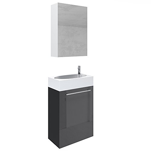 VICCO Waschplatz 45 cm Schwarz Hochglanz - Badmöbel Set - Unterschrank Waschbecken Spiegelschrank Waschtisch Gäste