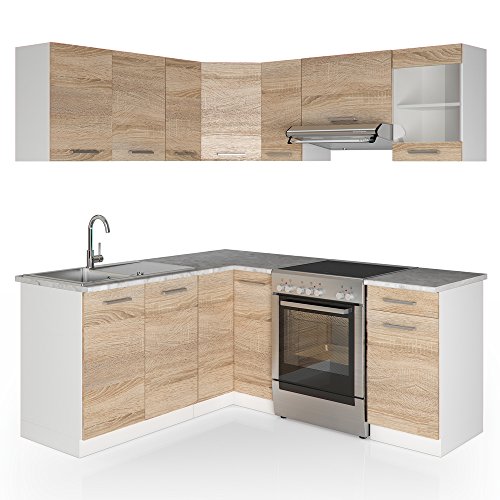 Vicco Winkelküche Küchenzeile 190 x 170 cm - Sonoma Eiche - Küche L-Form Küchenblock Einbauküche Komplettküche Eckküche - frei kombinierbare Möbel-Module