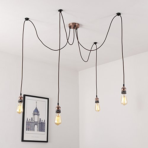 Vintage Pendelleuchte, Elfeland E27 4 Lichter Retro Industrielle Deckenleuchte höhenverstellbar Hängeleuchte mit 3-adrigem Textilkabel DIY Lampe Ideal für Nostalgie und Retro Beleuchtung (ohne Birne) Messing matt