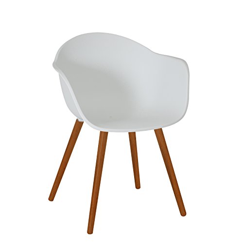 greemotion 129431 Gartenstuhl DERBY aus Kunststoff Stuhl mit Holzbeinen für Garten, Balkon & Terrasse-Gartensessel mit Armlehne-Lounge Sessel modern, Weiß, 5,2 x 6 x 8 cm
