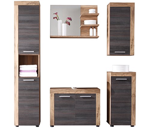 trendteam Badezimmer 5-teilige Set Kombination Cancun Boom, 175 x 184 x 34 cm in Nussbaum Satin  Dekor mit viel Stauraum