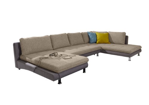 Cavadore Wohnlandschaft Loungines / Sofa in U-Form mit Bett und Stauraum im jungen und modernen Design / Eleganter Matrialmix aus zwei Flachgeweben (Strukturstoffen) in unterschiedlich grober Verarbeitung / Inkl. Sechs Rückenkissen / Größe: 379 x 79 x 222 cm (BxHxT) / Farben: Grau/Braun - Beige