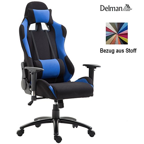 Delman Racing Bürostuhl Schreibtischstuhl Gaming Chair Drehstuhl Computerstuhl Stoff Bezug mit Kissen einstellbaren Armlehnen Ergonomisch höhenverstellbar 02-0020 (Schwarz-Blau)