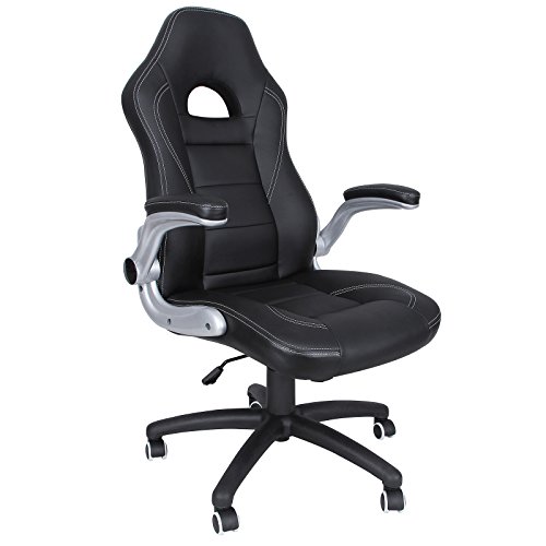 SONGMICS Racing Stuhl, ergonomischer Bürostuhl mit klappbaren Armlehnen und hoher Rückenlehne, höhenverstellbar, schwarz, OBG28B