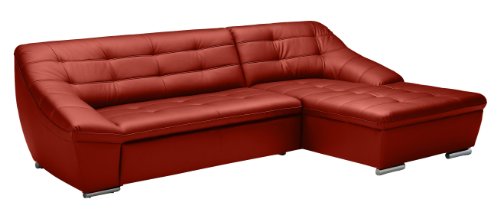 Cavadore Ecksofa Lucas / Kunstledercouch mit Steppung und Schlaffunktion / Inkl. Bett und Bettkasten / Longchair rechts / 287 x 81 x 165 (BxHxT) / Kunstleder rot