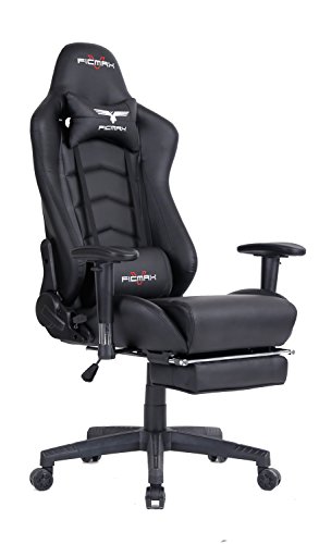 Ficmax Groß Bürostuhl, Gaming Stuhl, Schreibtischstuhl, Chefsessel mit Massagefunktion und Verstellbar Fußstütze, PVC - schwarz