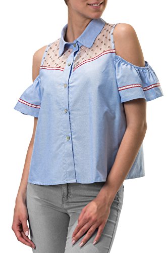 Hachiro Damen Kurzarmbluse Cold Shoulder Bluse (S, Light Blue)