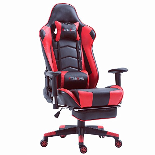Top Gamer Ergonomische Fußstütze Computer Gaming Hohe Rückenlehne Drehstuhl Büro Stuhl mit Anpassung Kopfstütze und Lendenwirbelstütze Racing Stuh(Rot)