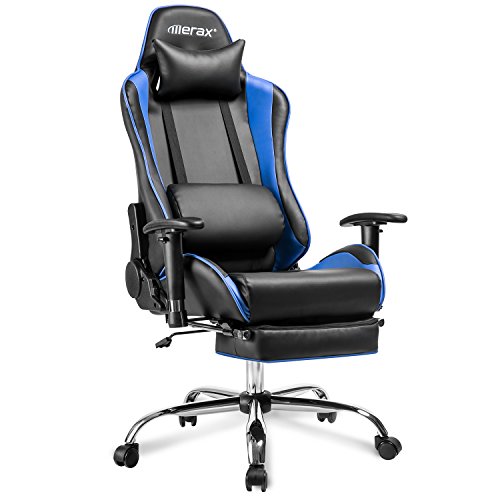 Merax® Gamingstuhl Schreibtischstuhl Chefsessel Bürostuhl Racer Wippkunktion, gut gepolsterte Fußstütze und Lendenkissen, Ergonomische Liege Design, Höhenverstellbar Sportsitzstuhl mit Kissen PU Kunstleder Armlehnen einstellbar Belastbar bis 150kg schwarz-blau